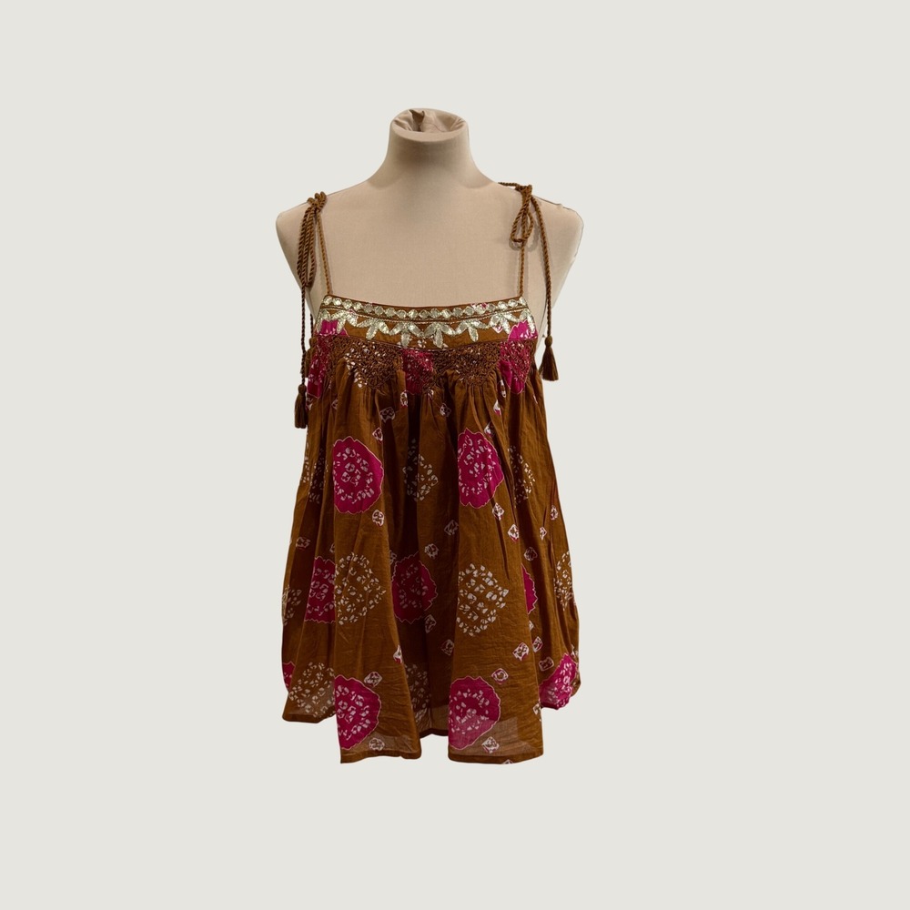 Nicole Miller Artelier Cotton Boho Babydoll Tunic Top Brown Pink Embroidered L